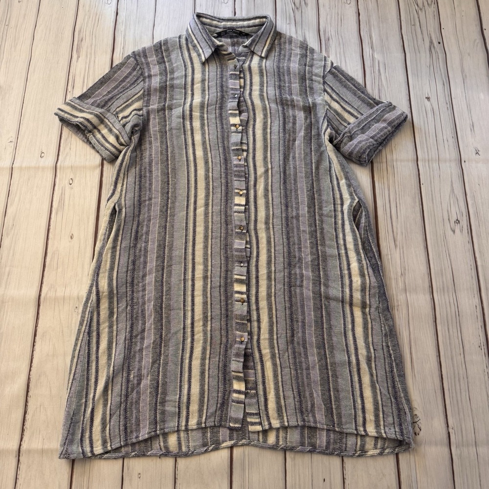 Zara Size Small Blue White Striped Button Shirt Down Dress‎ Wool Cotton Blend